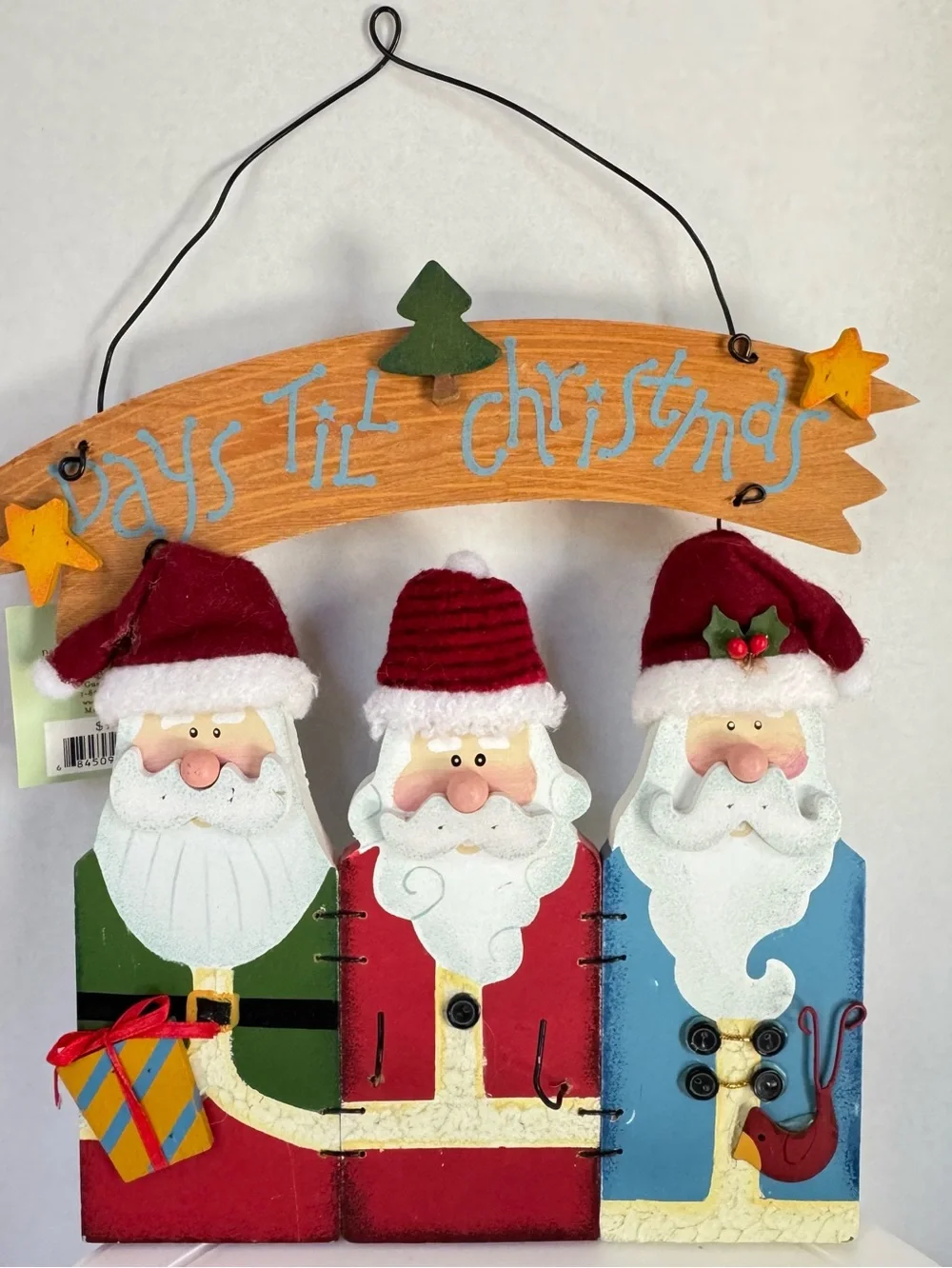 Holiday 'Days Til Christmas' Santa Countdown Wall Hanging - Red, Green, Blue Vtg
